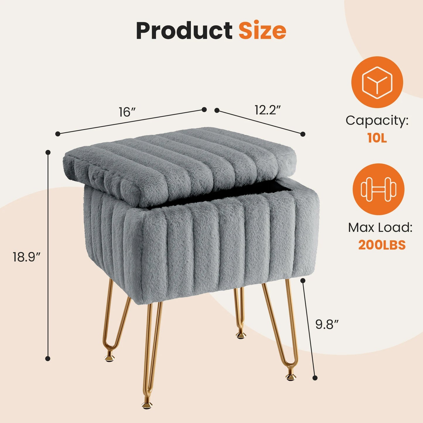 Faux Fur Vanity Stool with Hidden Storage – Padded Makeup Footstool with Metal Legs and Anti-Slip Base