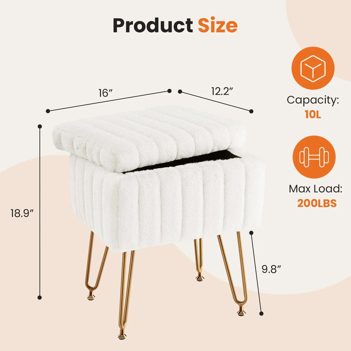 Faux Fur Vanity Stool with Hidden Storage – Padded Makeup Footstool with Metal Legs and Anti-Slip Base