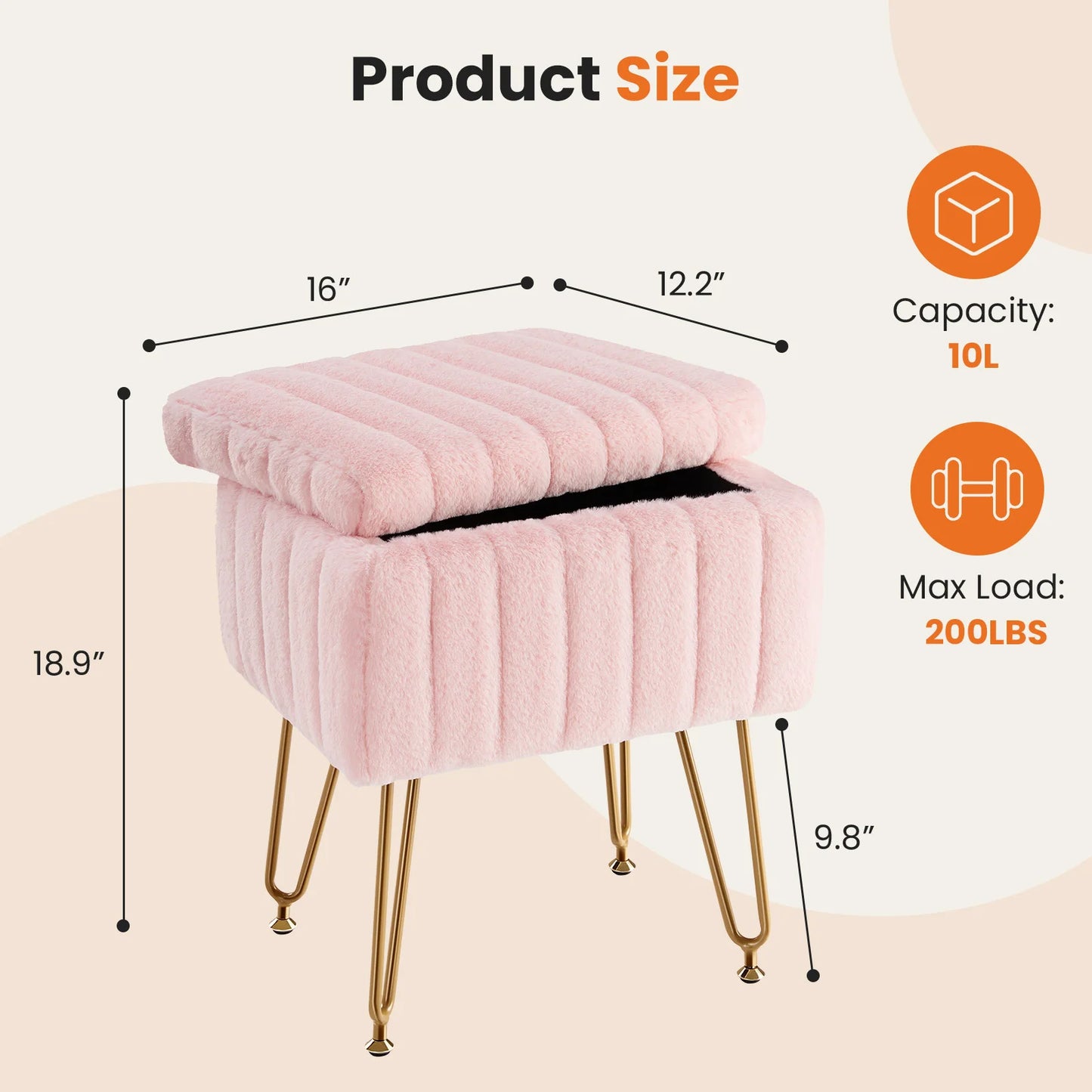 Faux Fur Vanity Stool with Hidden Storage – Padded Makeup Footstool with Metal Legs and Anti-Slip Base