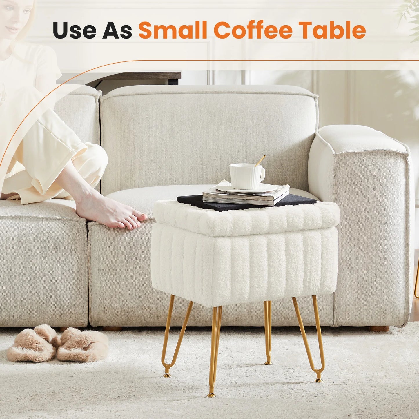 Faux Fur Vanity Stool with Hidden Storage – Padded Makeup Footstool with Metal Legs and Anti-Slip Base