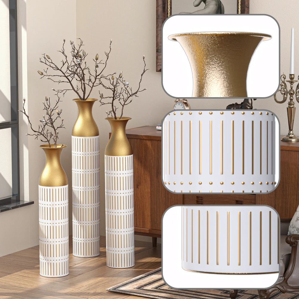 Elegant White Metal Vases Set of 3 – Tall Geometric Decorative Vases with Hammered Gold Accents