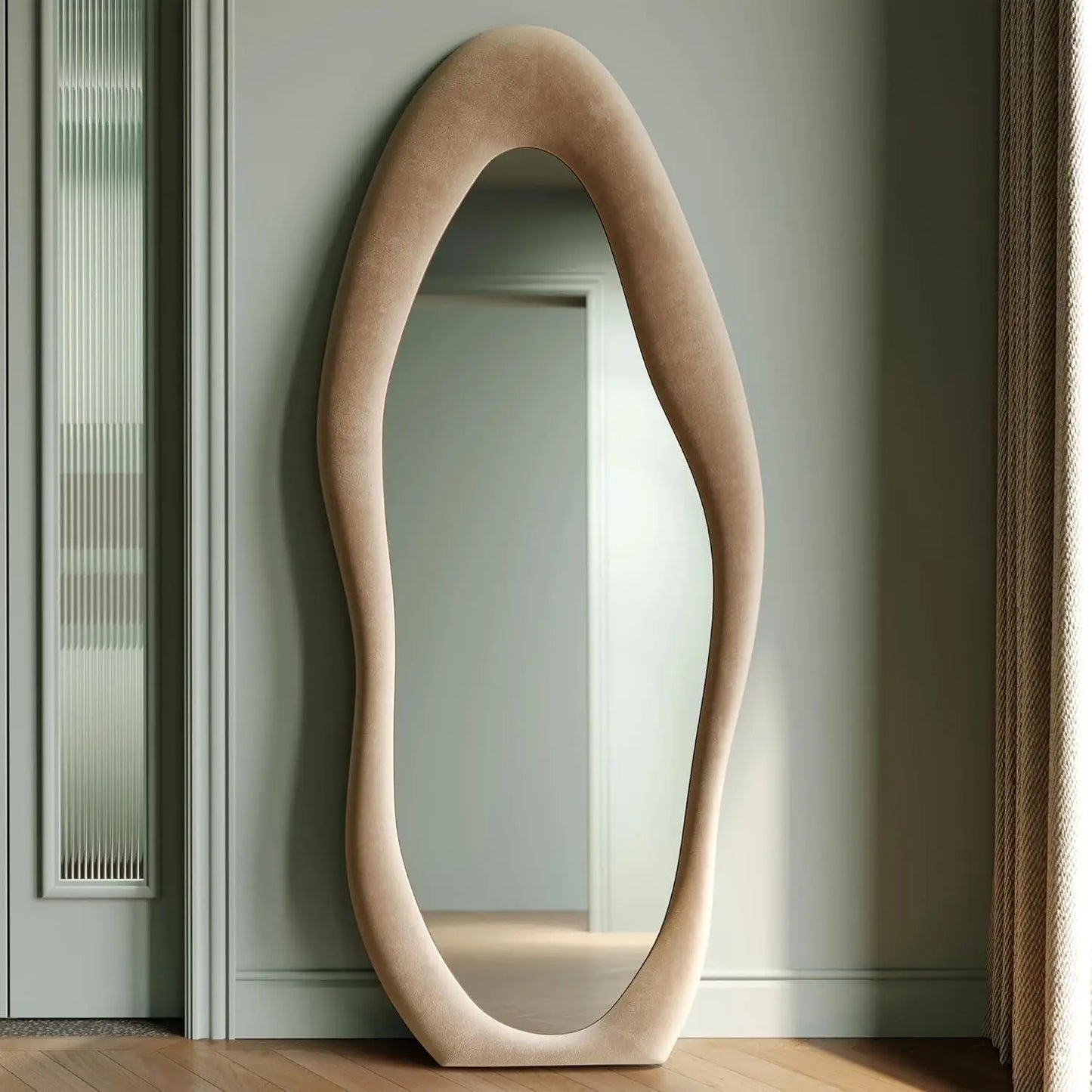 Elegant Wavy Full Length Mirror with Flannel-Wrapped Wooden Frame – 63"x24" Irregular Oval Wall or Floor Mirror