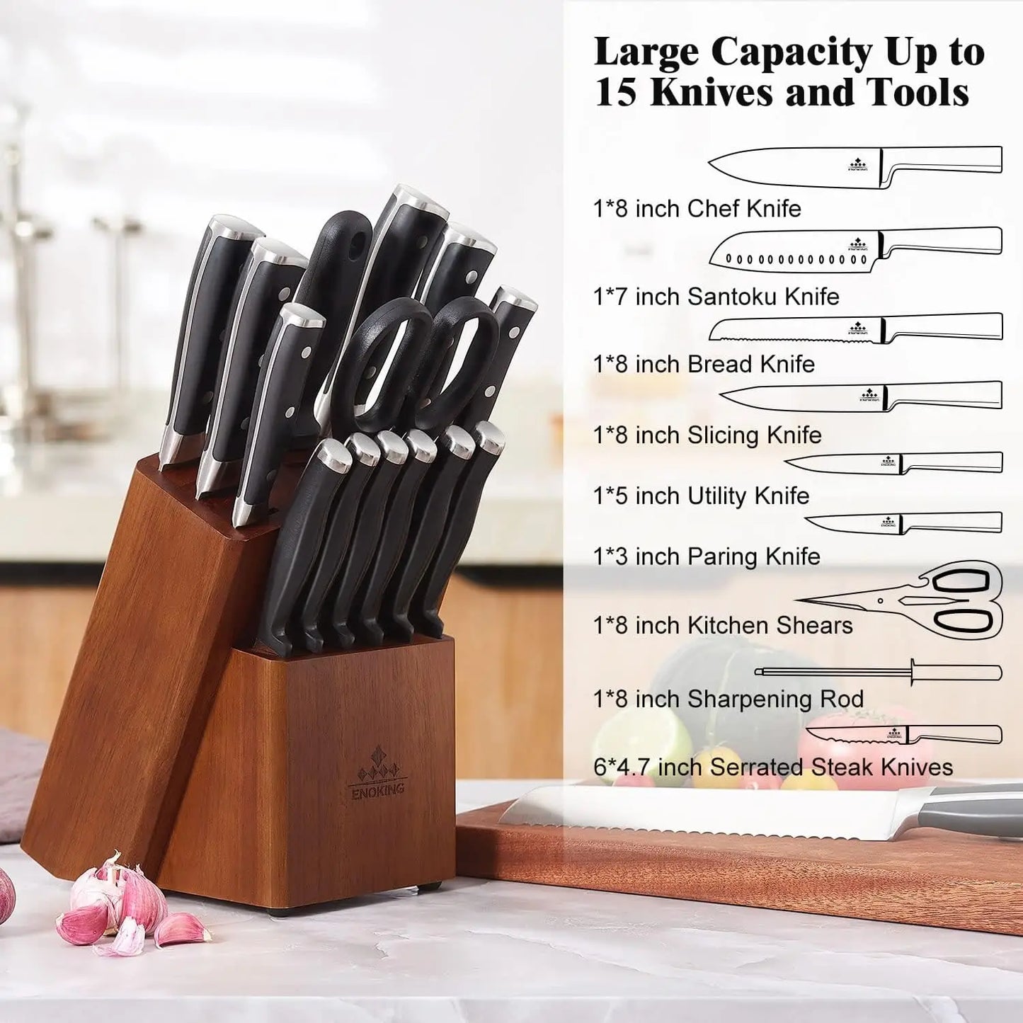 ENOKING 15-Slot Universal Knife Block – Acacia Wood Knife Holder for Kitchen Counter