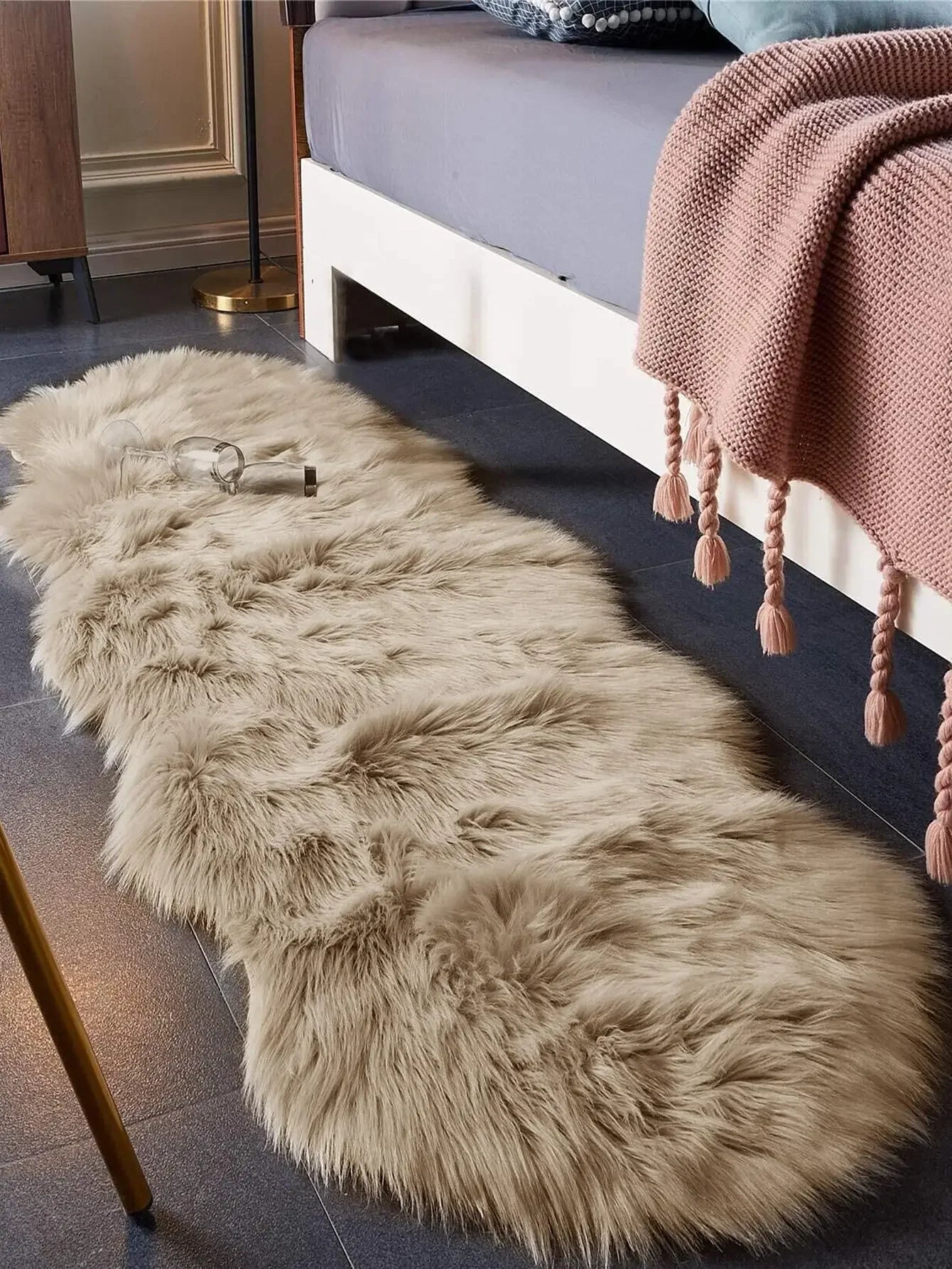 Faux Fur Khaki Large Wave Floor Mat – Soft, Anti-Slip Carpet for Bathroom, Bedroom, Living Room, and More
