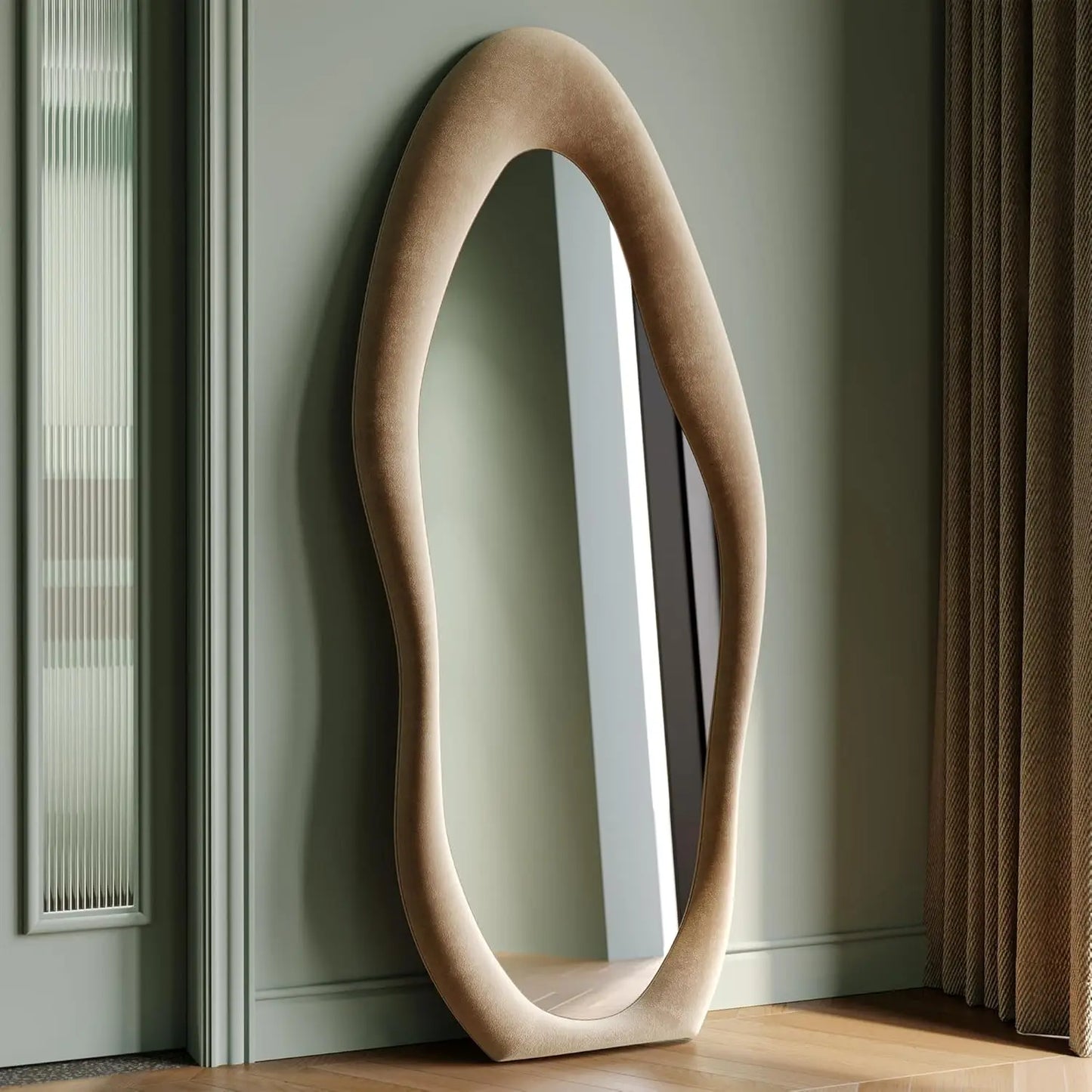 Elegant Wavy Full Length Mirror with Flannel-Wrapped Wooden Frame – 63"x24" Irregular Oval Wall or Floor Mirror