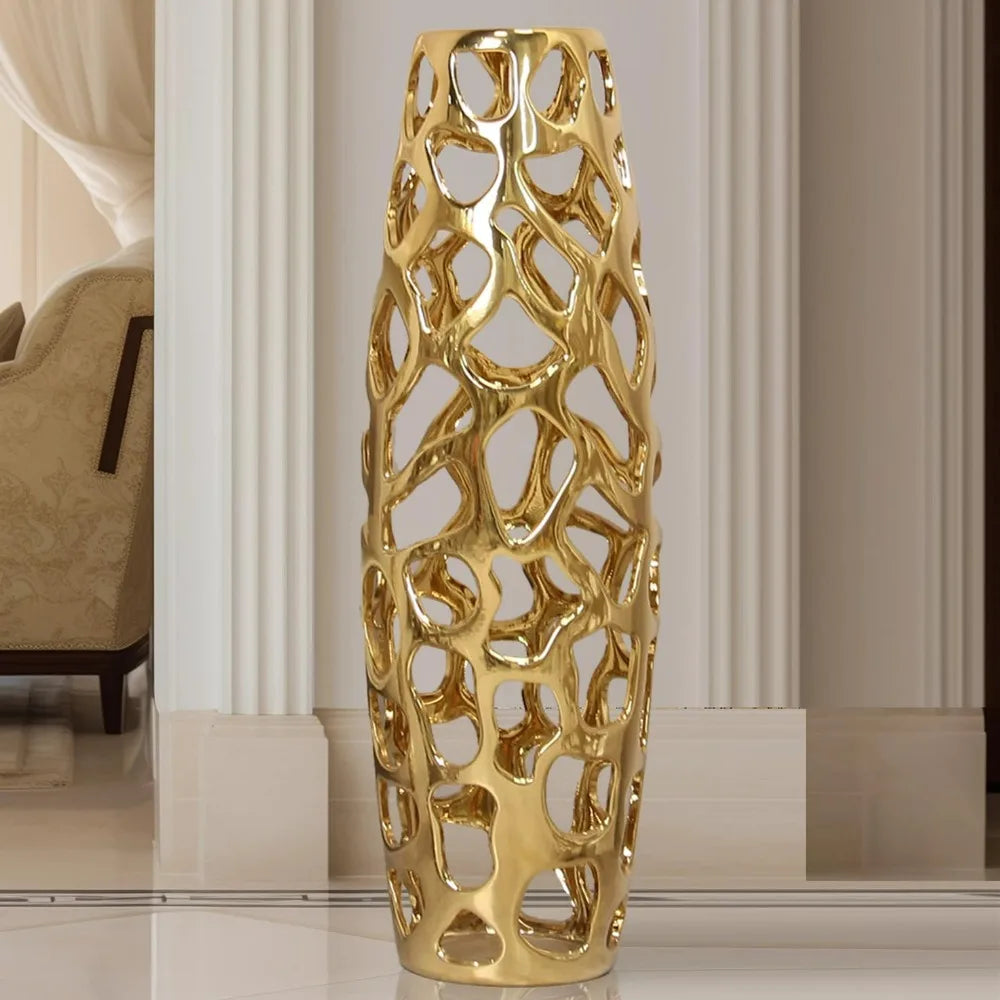Exquisite Handmade Golden Ceramic Floor Vase with Hollow Pattern – 24" Tall Decorative Vase for Tree Branches & Dried Flowers