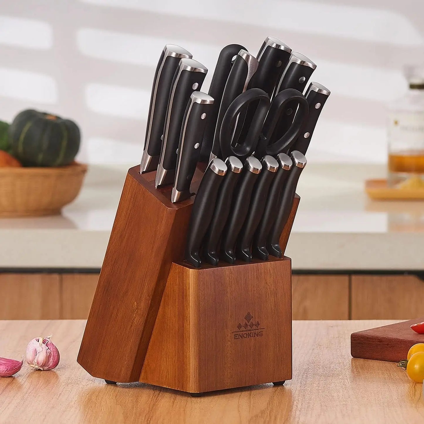 ENOKING 15-Slot Universal Knife Block – Acacia Wood Knife Holder for Kitchen Counter