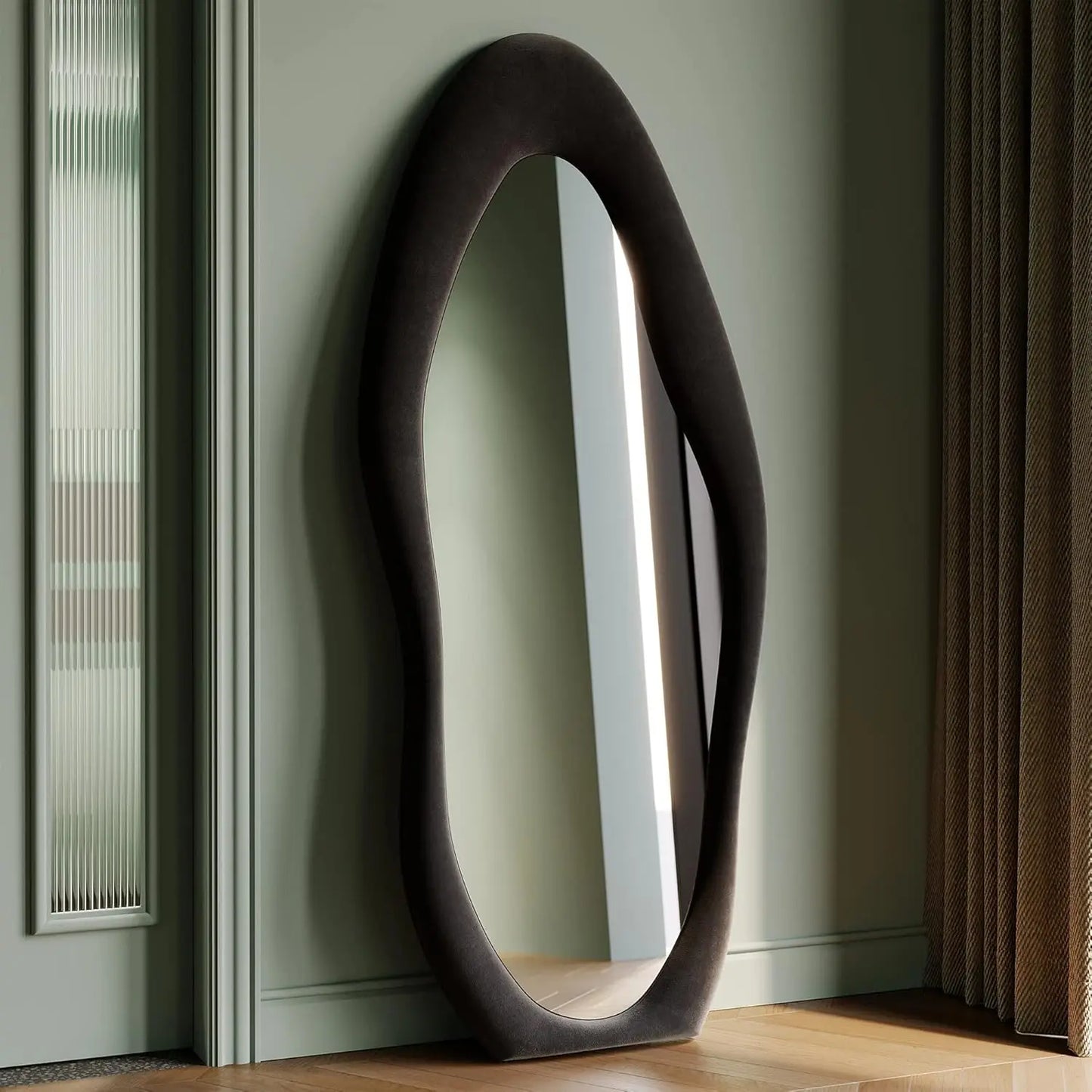 Elegant Wavy Full Length Mirror with Flannel-Wrapped Wooden Frame – 63"x24" Irregular Oval Wall or Floor Mirror