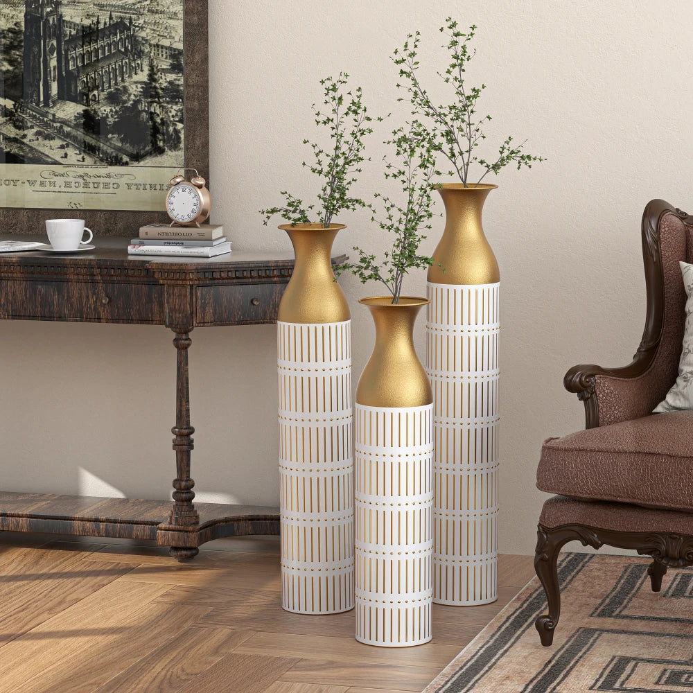 Elegant White Metal Vases Set of 3 – Tall Geometric Decorative Vases with Hammered Gold Accents