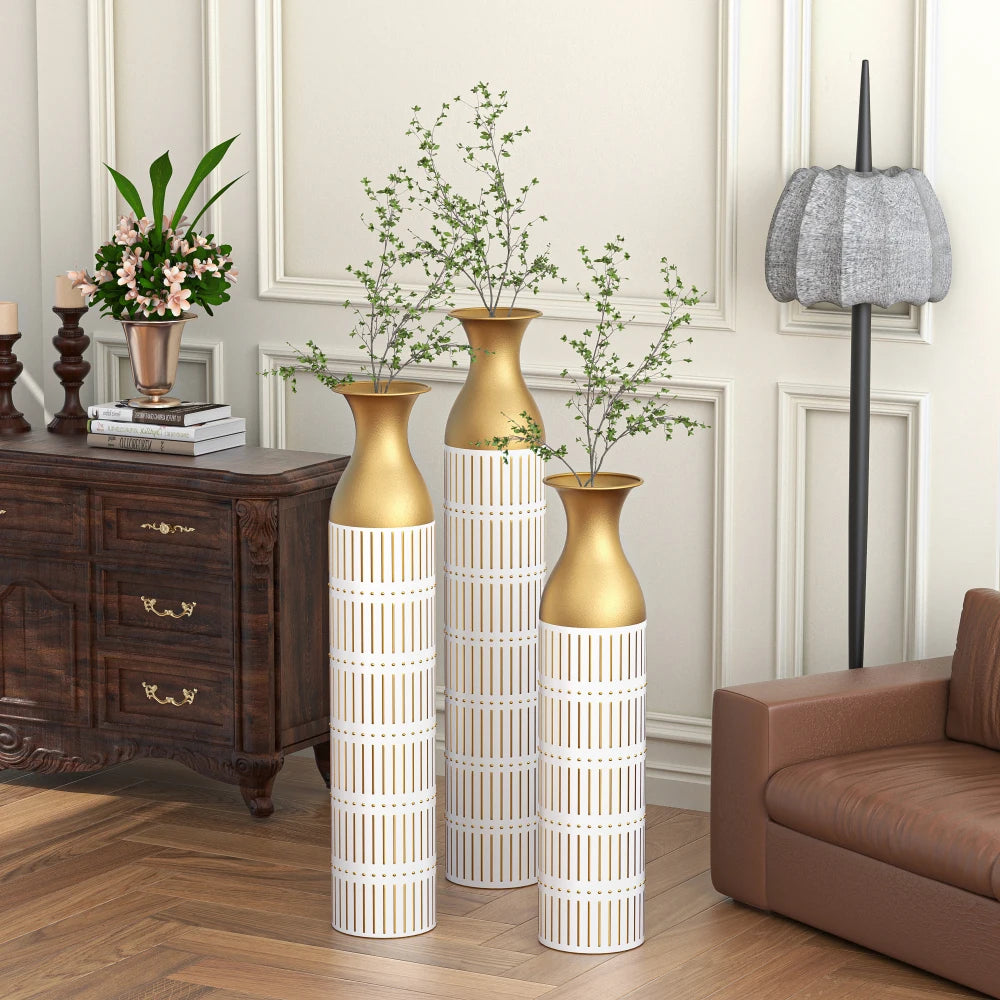 Elegant White Metal Vases Set of 3 – Tall Geometric Decorative Vases with Hammered Gold Accents