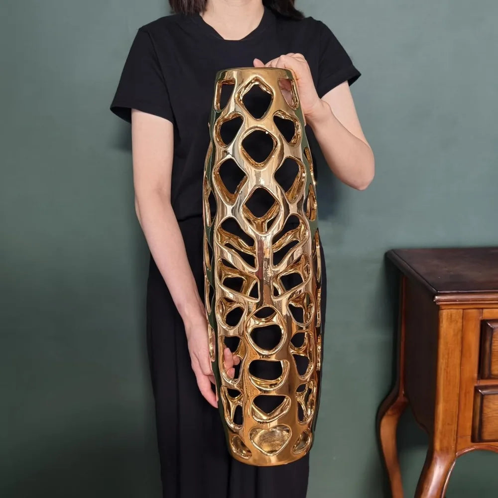 Exquisite Handmade Golden Ceramic Floor Vase with Hollow Pattern – 24" Tall Decorative Vase for Tree Branches & Dried Flowers