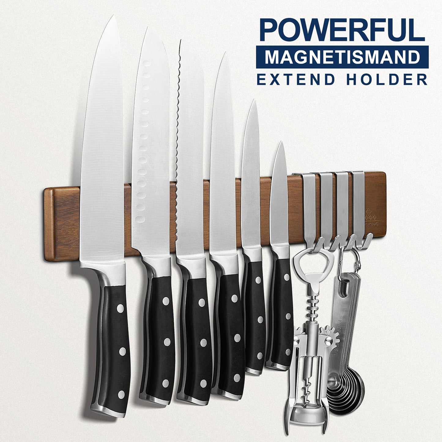 ENOKING 16-Inch Magnetic Knife Strip – Acacia Wood Wall-Mounted Knife Holder with 4 Hooks
