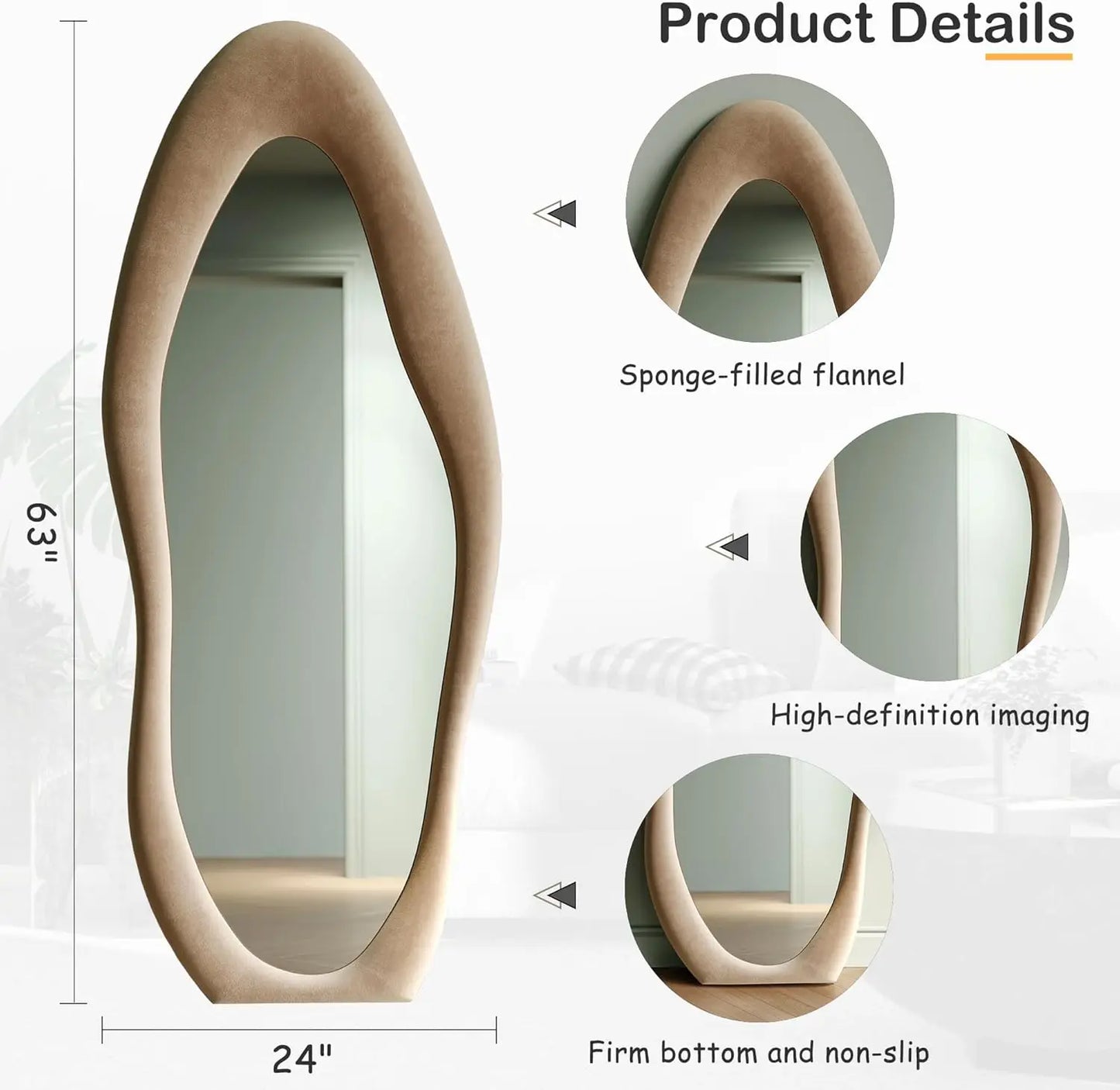 Elegant Wavy Full Length Mirror with Flannel-Wrapped Wooden Frame – 63"x24" Irregular Oval Wall or Floor Mirror