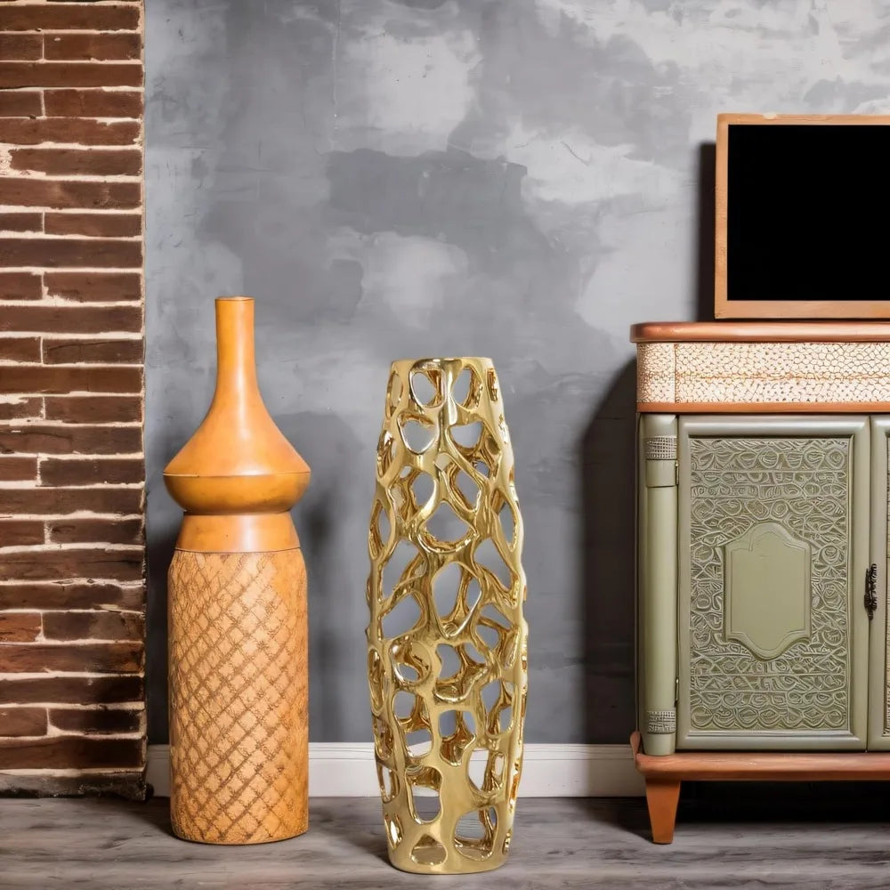 Exquisite Handmade Golden Ceramic Floor Vase with Hollow Pattern – 24" Tall Decorative Vase for Tree Branches & Dried Flowers