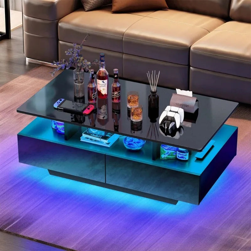 High Gloss LED Coffee Table with Sliding Drawers – Modern Center Cocktail Table with RGB Lighting & Storage
