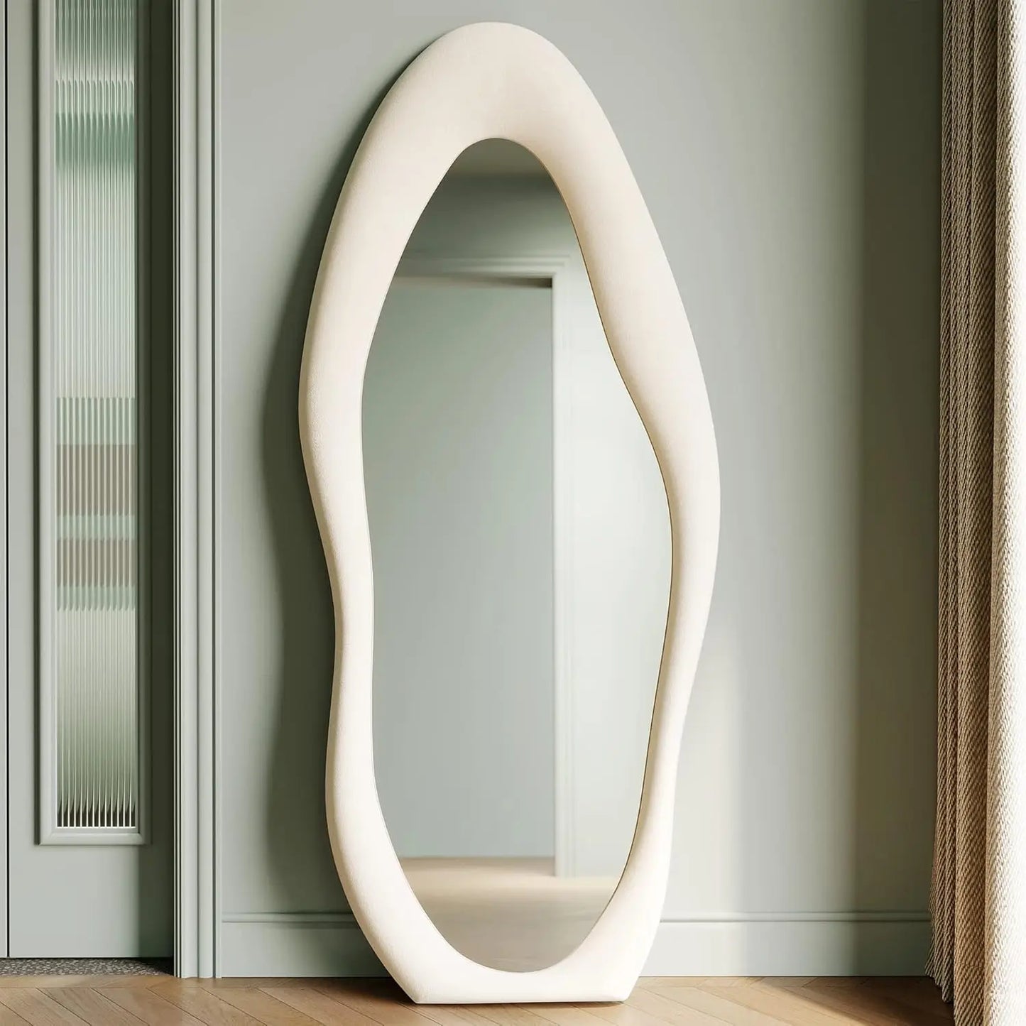 Elegant Wavy Full Length Mirror with Flannel-Wrapped Wooden Frame – 63"x24" Irregular Oval Wall or Floor Mirror