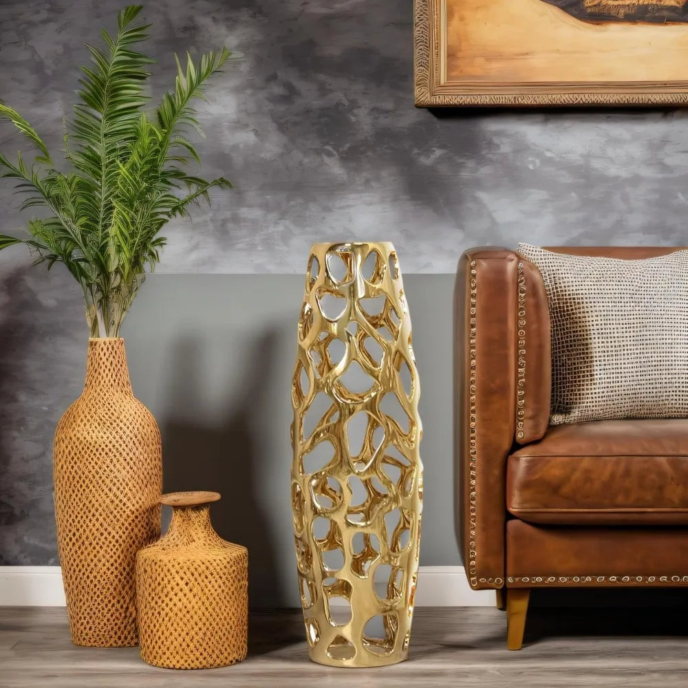 Exquisite Handmade Golden Ceramic Floor Vase with Hollow Pattern – 24" Tall Decorative Vase for Tree Branches & Dried Flowers