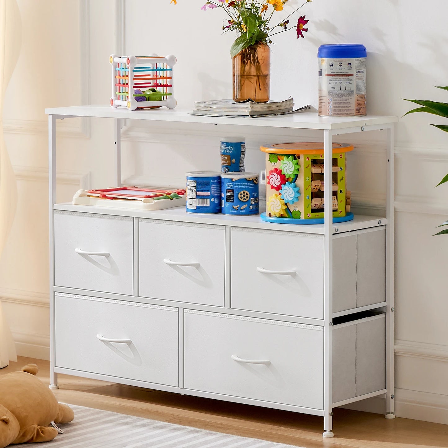 Fireplace TV Stand with 5 Fabric Drawers – Modern Storage Dresser for Bedroom & Living Room