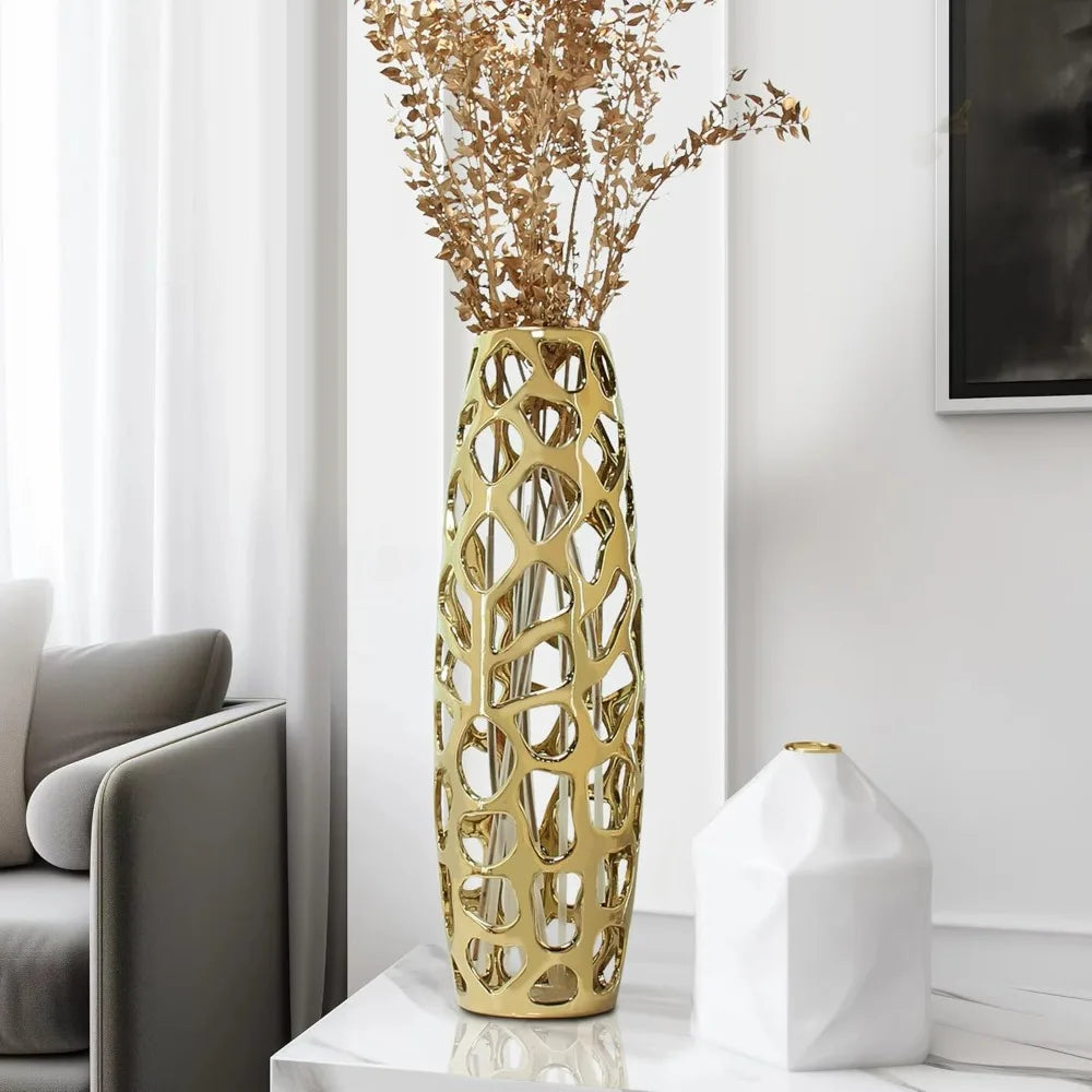 Exquisite Handmade Golden Ceramic Floor Vase with Hollow Pattern – 24" Tall Decorative Vase for Tree Branches & Dried Flowers