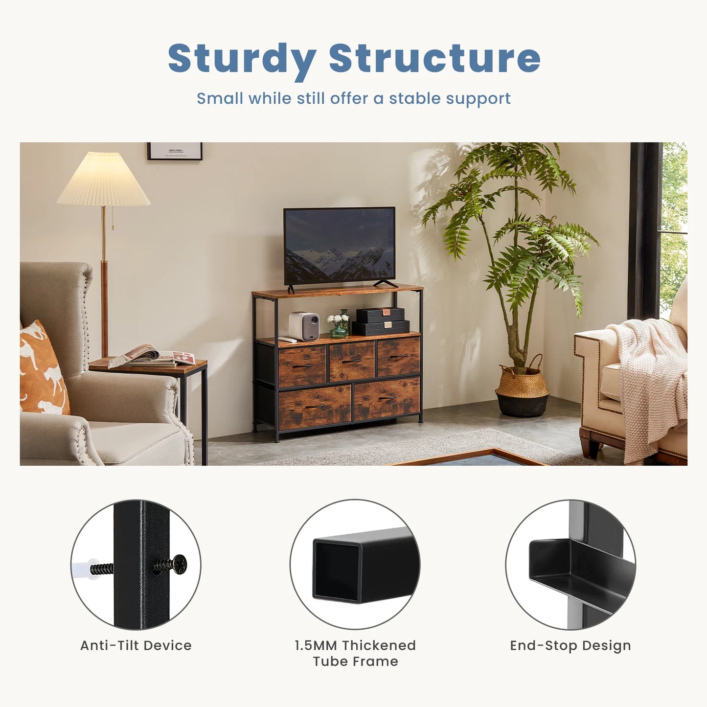 Fireplace TV Stand with 5 Fabric Drawers – Modern Storage Dresser for Bedroom & Living Room
