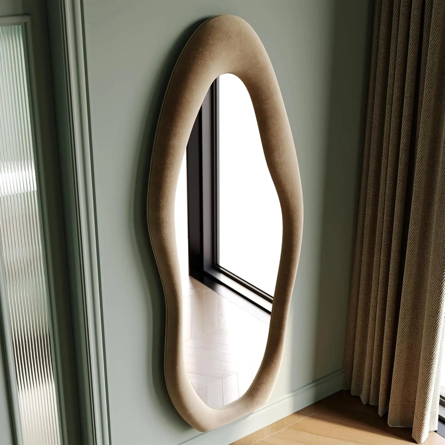 Elegant Wavy Full Length Mirror with Flannel-Wrapped Wooden Frame – 63"x24" Irregular Oval Wall or Floor Mirror