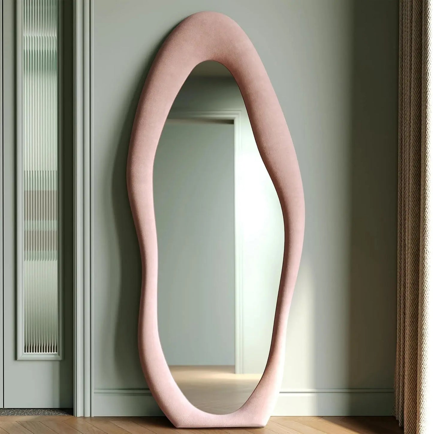 Elegant Wavy Full Length Mirror with Flannel-Wrapped Wooden Frame – 63"x24" Irregular Oval Wall or Floor Mirror