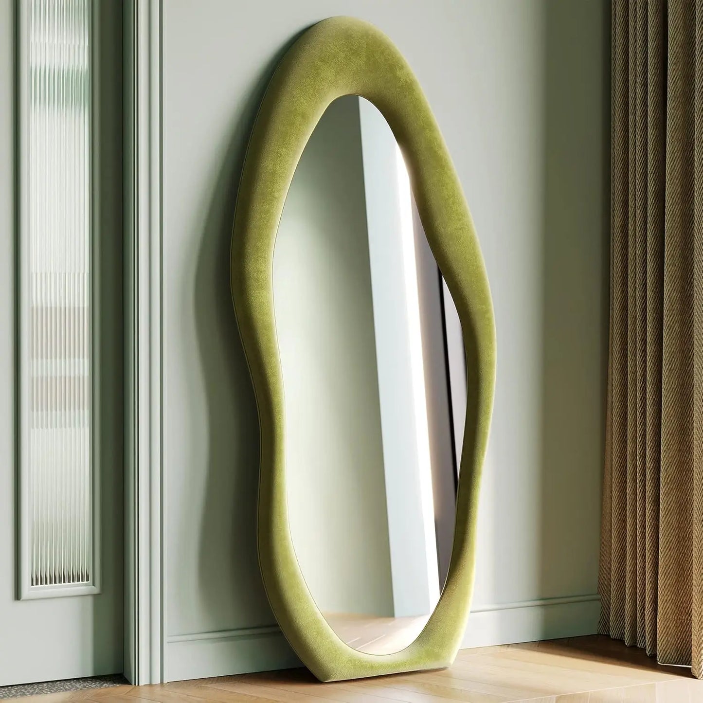 Elegant Wavy Full Length Mirror with Flannel-Wrapped Wooden Frame – 63"x24" Irregular Oval Wall or Floor Mirror