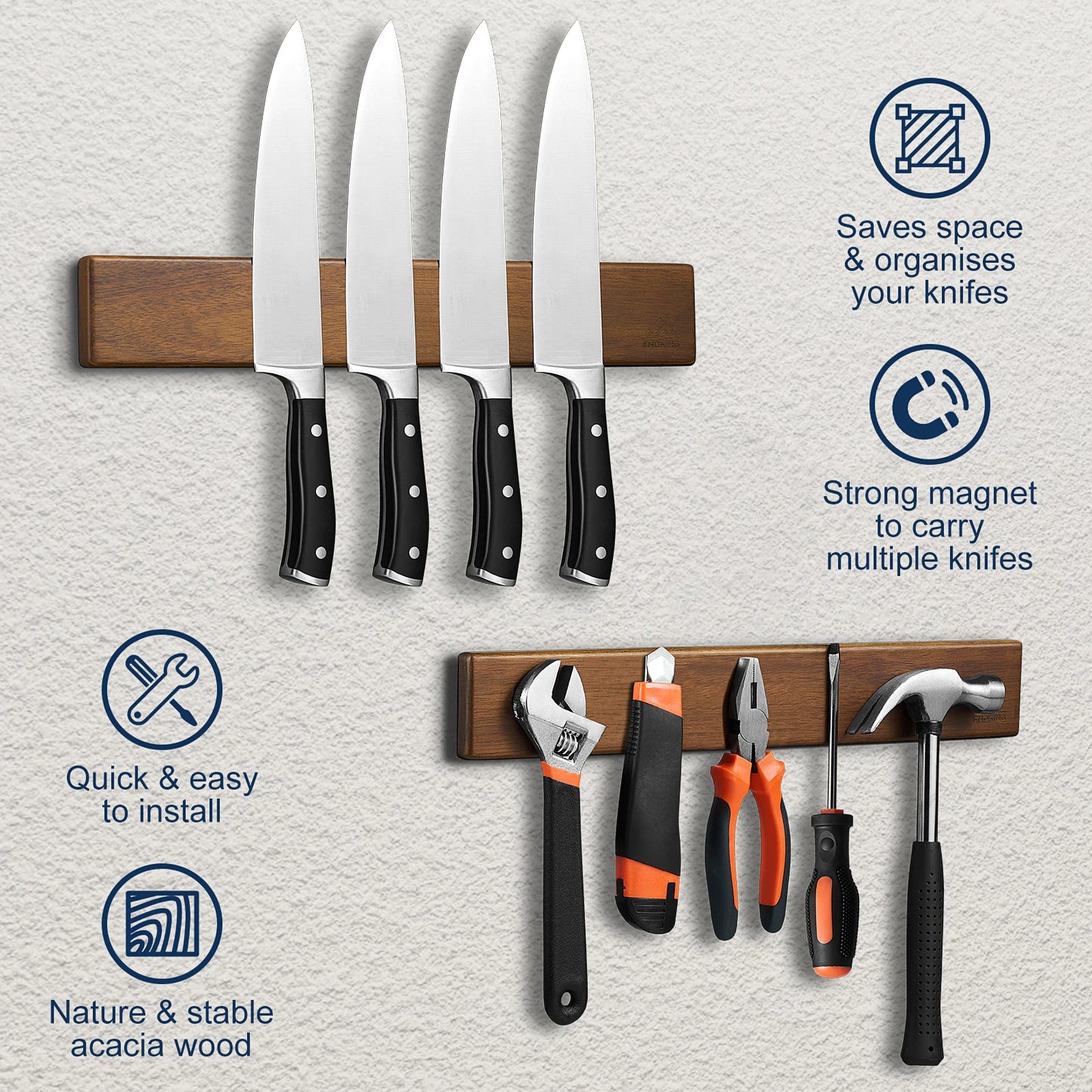 ENOKING 16-Inch Magnetic Knife Strip – Acacia Wood Wall-Mounted Knife Holder with 4 Hooks