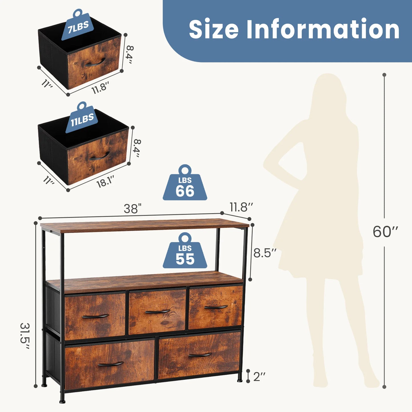 Fireplace TV Stand with 5 Fabric Drawers – Modern Storage Dresser for Bedroom & Living Room