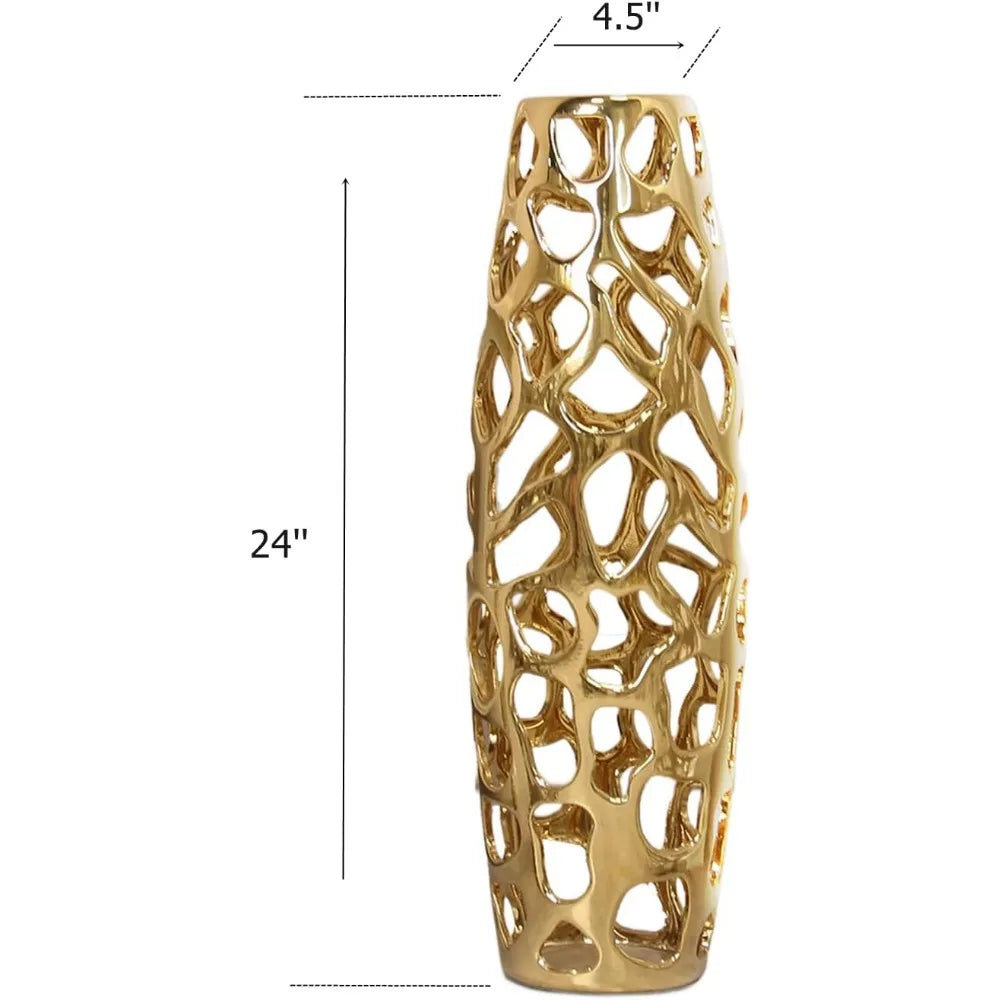 Exquisite Handmade Golden Ceramic Floor Vase with Hollow Pattern – 24" Tall Decorative Vase for Tree Branches & Dried Flowers