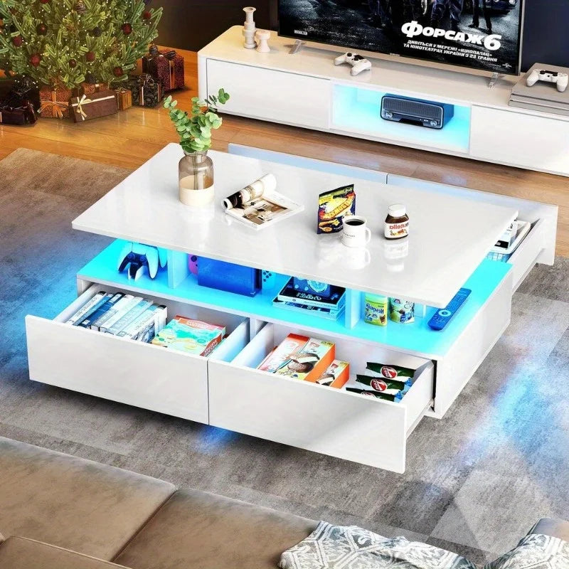 High Gloss LED Coffee Table with Sliding Drawers – Modern Center Cocktail Table with RGB Lighting & Storage