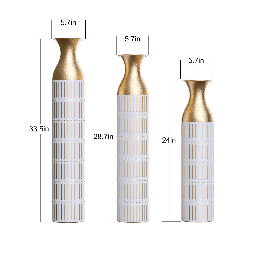Elegant White Metal Vases Set of 3 – Tall Geometric Decorative Vases with Hammered Gold Accents