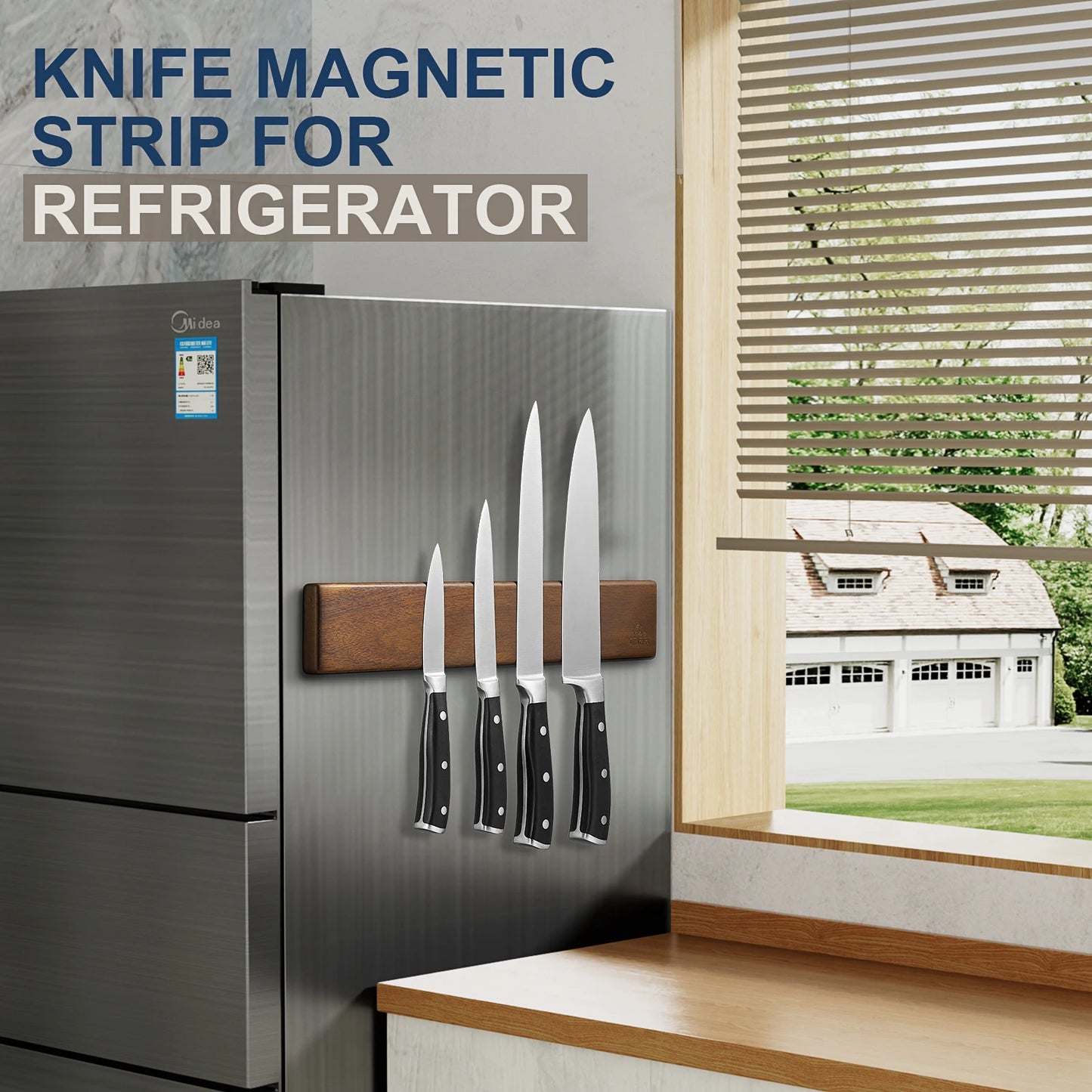 ENOKING 16-Inch Magnetic Knife Strip – Acacia Wood Wall-Mounted Knife Holder with 4 Hooks