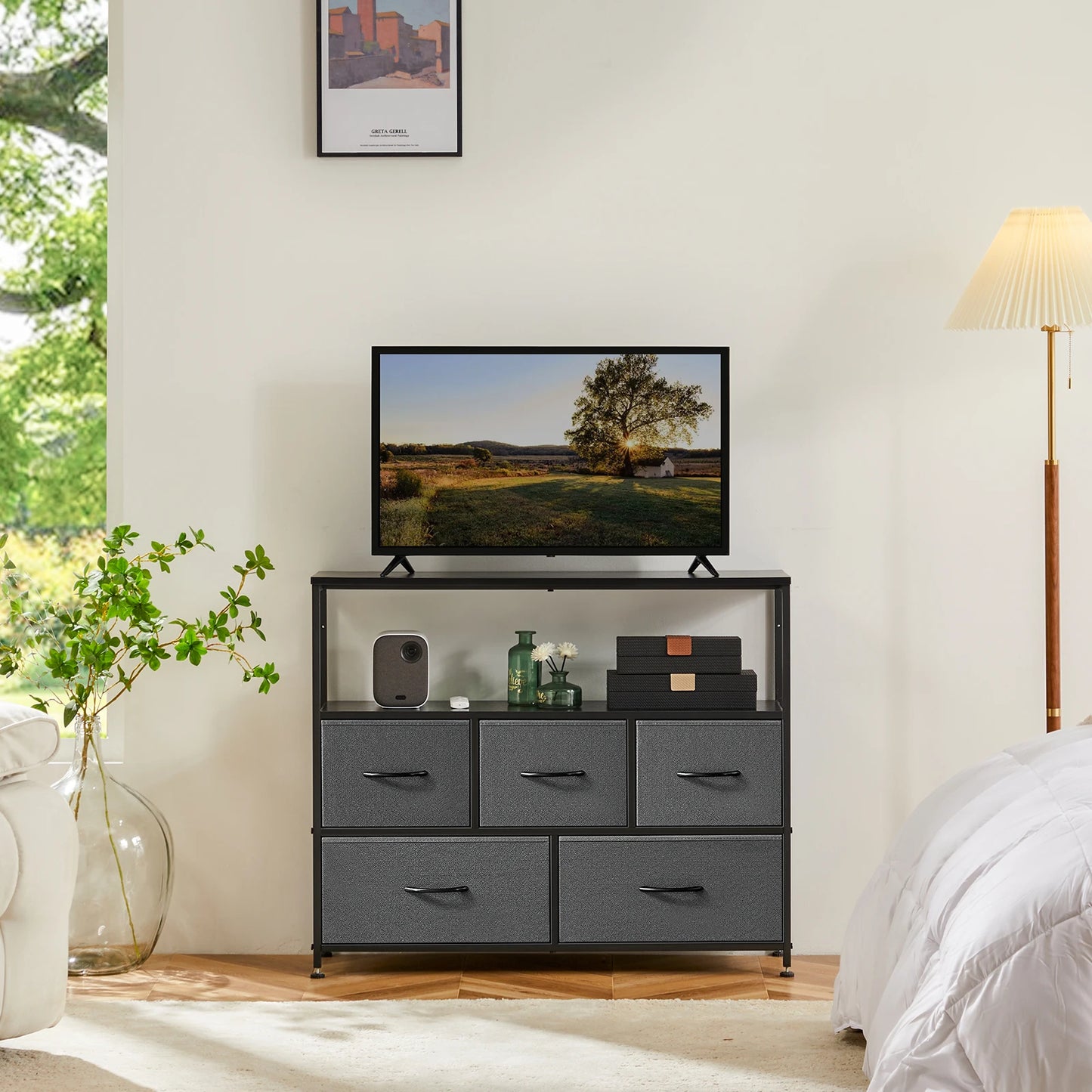 Fireplace TV Stand with 5 Fabric Drawers – Modern Storage Dresser for Bedroom & Living Room