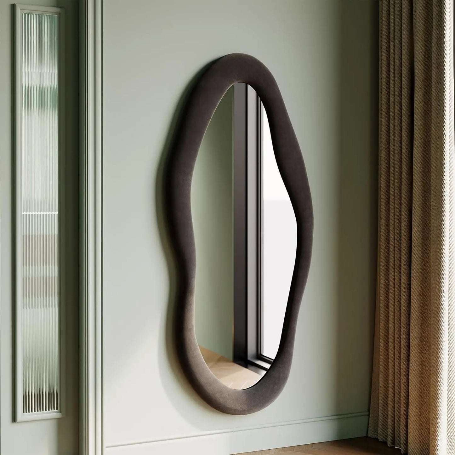 Elegant Wavy Full Length Mirror with Flannel-Wrapped Wooden Frame – 63"x24" Irregular Oval Wall or Floor Mirror