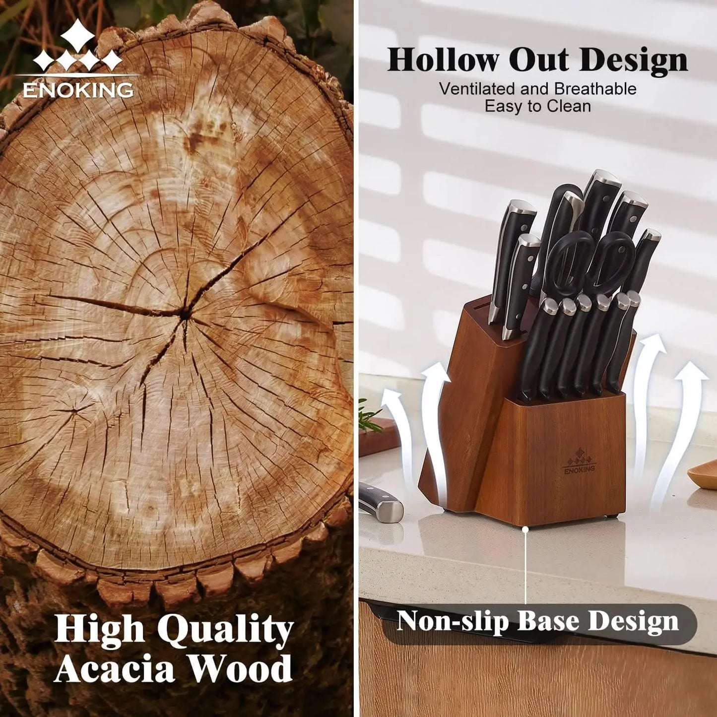 ENOKING 15-Slot Universal Knife Block – Acacia Wood Knife Holder for Kitchen Counter