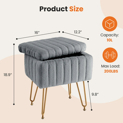 Faux Fur Vanity Stool with Hidden Storage – Padded Makeup Footstool with Metal Legs and Anti-Slip Base