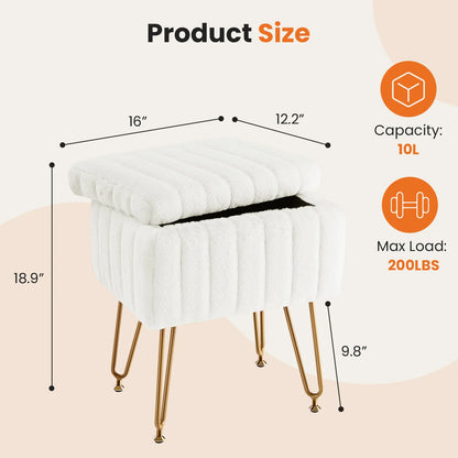 Faux Fur Vanity Stool with Hidden Storage – Padded Makeup Footstool with Metal Legs and Anti-Slip Base
