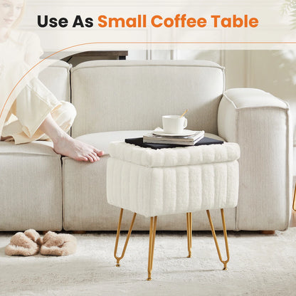 Faux Fur Vanity Stool with Hidden Storage – Padded Makeup Footstool with Metal Legs and Anti-Slip Base