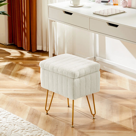 Faux Fur Vanity Stool with Hidden Storage – Padded Makeup Footstool with Metal Legs and Anti-Slip Base