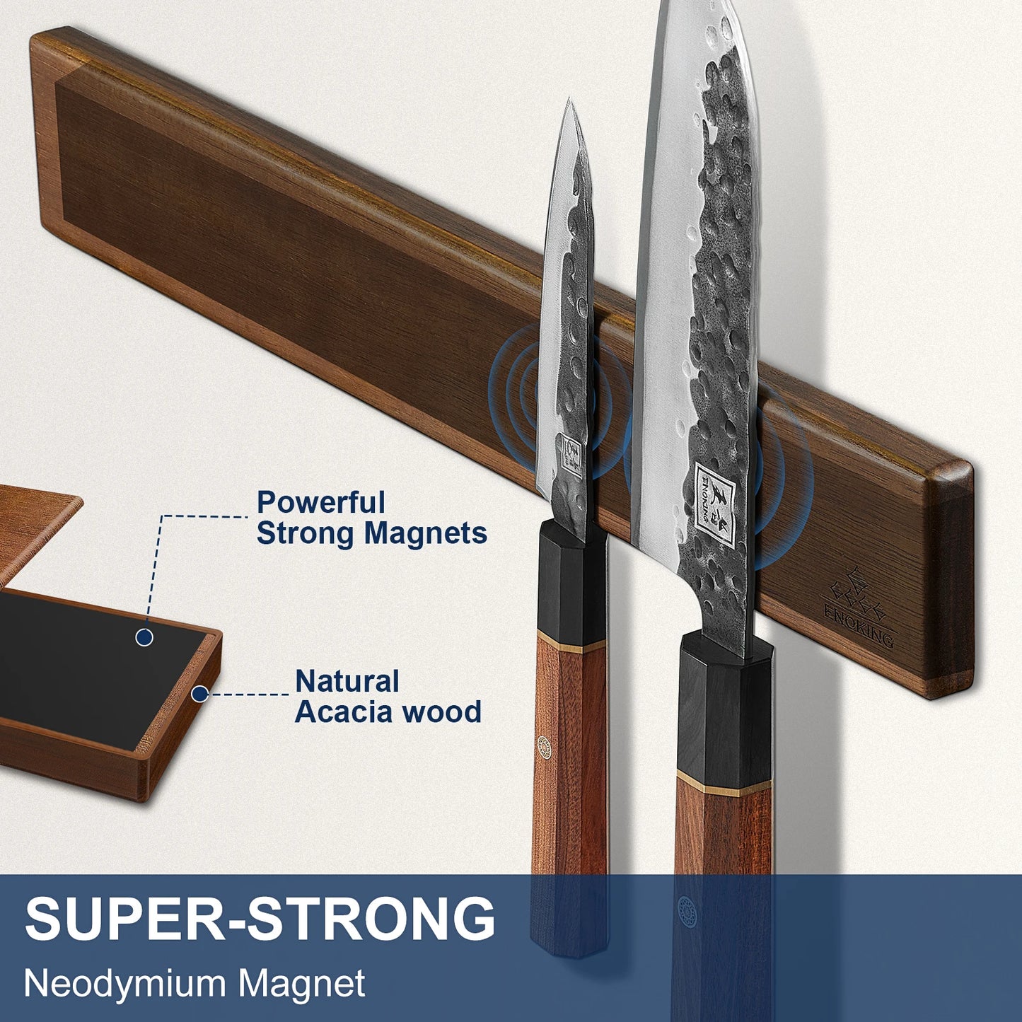ENOKING 16-Inch Magnetic Knife Strip – Acacia Wood Wall-Mounted Knife Holder with 4 Hooks