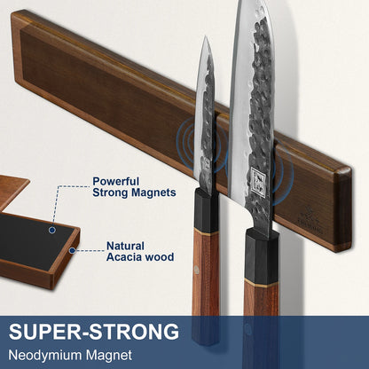 ENOKING 16-Inch Magnetic Knife Strip – Acacia Wood Wall-Mounted Knife Holder with 4 Hooks