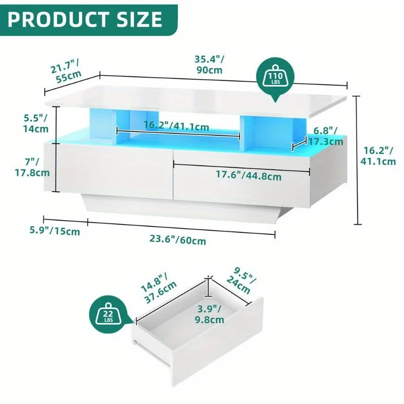 High Gloss LED Coffee Table with Sliding Drawers – Modern Center Cocktail Table with RGB Lighting & Storage