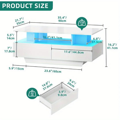 High Gloss LED Coffee Table with Sliding Drawers – Modern Center Cocktail Table with RGB Lighting & Storage
