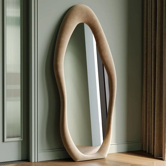 Elegant Wavy Full Length Mirror with Flannel-Wrapped Wooden Frame – 63"x24" Irregular Oval Wall or Floor Mirror