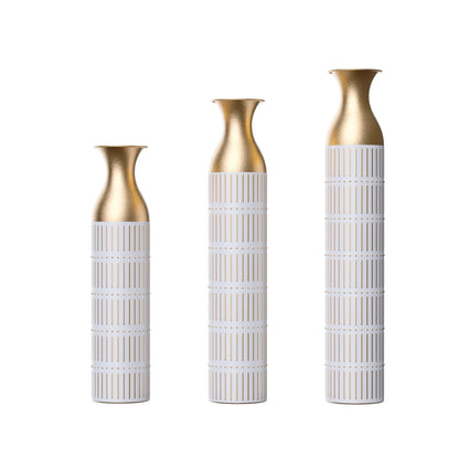 Elegant White Metal Vases Set of 3 – Tall Geometric Decorative Vases with Hammered Gold Accents