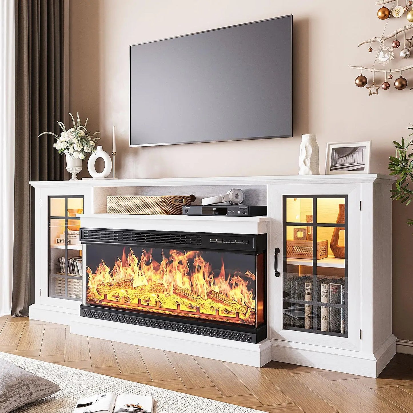 Rustic 3-Sided Glass TV Stand with Electric Fireplace – Media Console Entertainment Center with Storage for TVs up to 80”