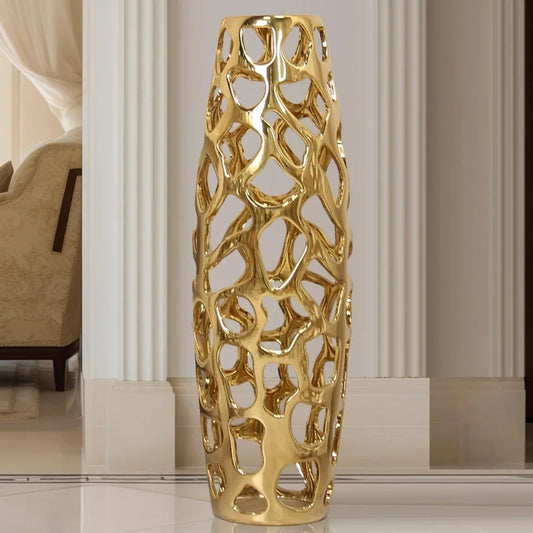 Exquisite Handmade Golden Ceramic Floor Vase with Hollow Pattern – 24" Tall Decorative Vase for Tree Branches & Dried Flowers