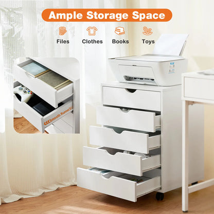 5-Drawer Wood Nightstand Cabinet – Mobile Storage Organizer with Waterproof Surface and Rotating Wheels