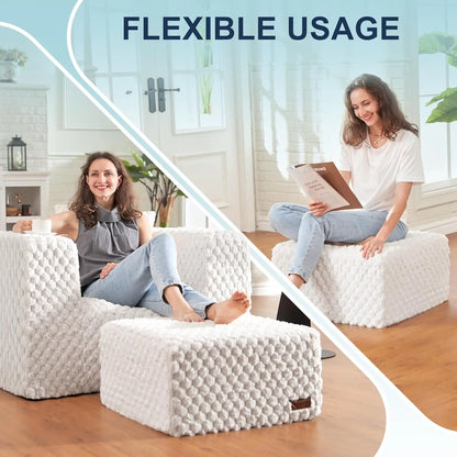 Homguava Giant Bean Bag Chair with Ottoman & Pillow – High-Density Foam Bean Bag Couch for Adults – Large, Comfortable Seating for Living Room, Bedroom, Gaming Room (White)